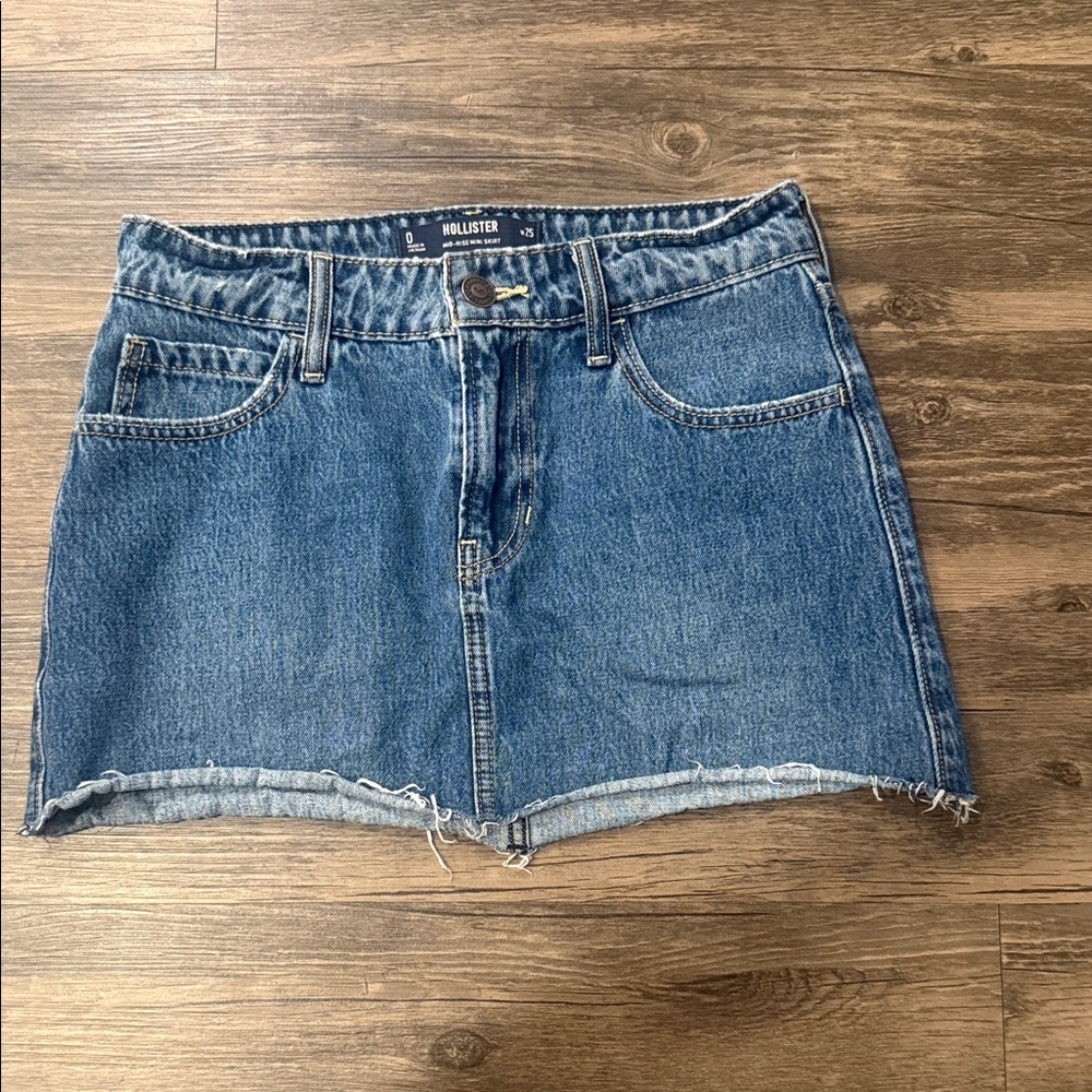 Hollister Medium Blue Denim Mini Skirt with Frayed Hem